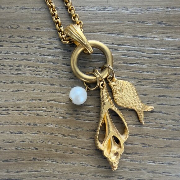 Gold-Tone Charm Necklace With Fish & Shell Pendants And Faux Pearl Accent - Picture 2 of 6